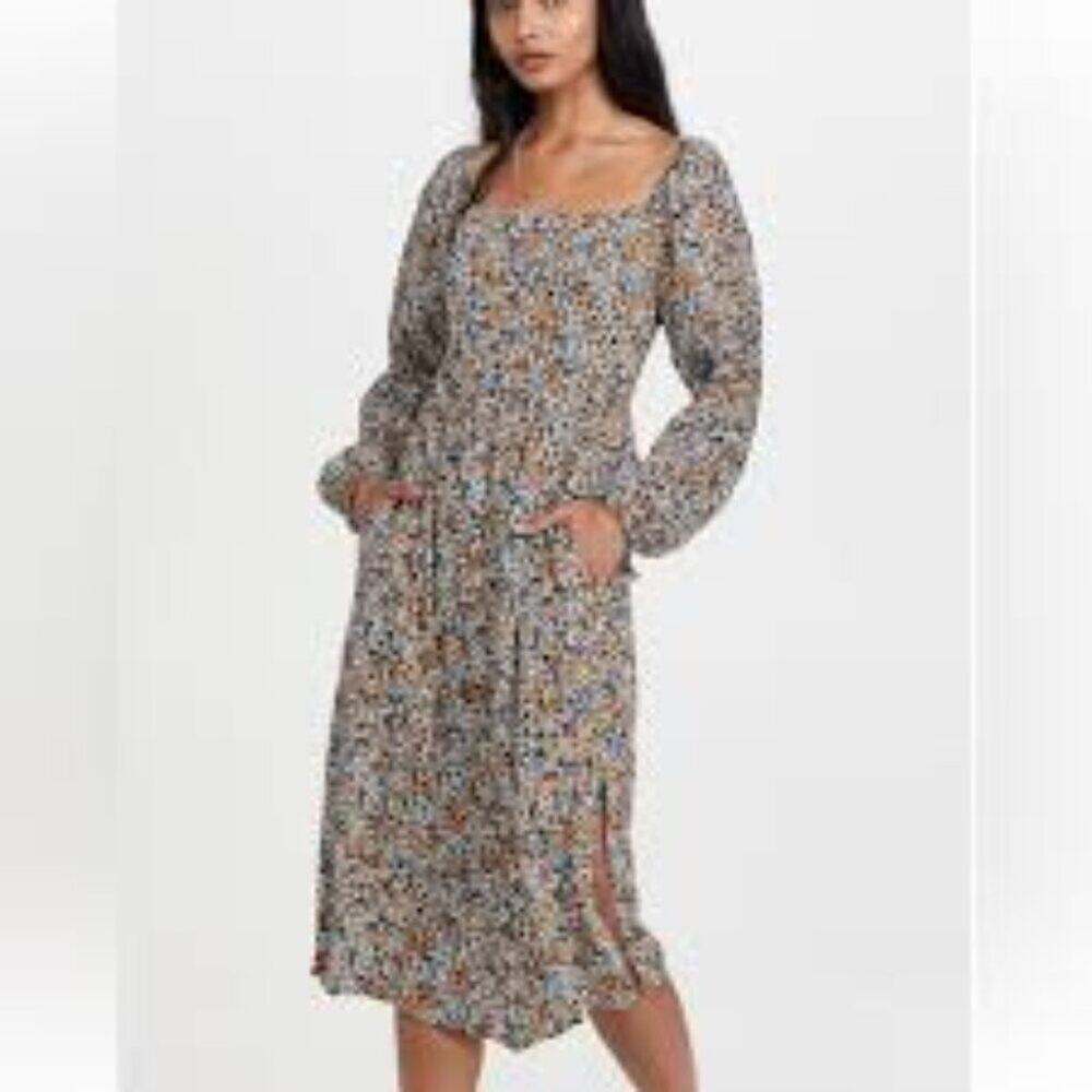 Lost + Wander Sonny Midi Dress Black Yellow White Floral Smocked Long Sleeve